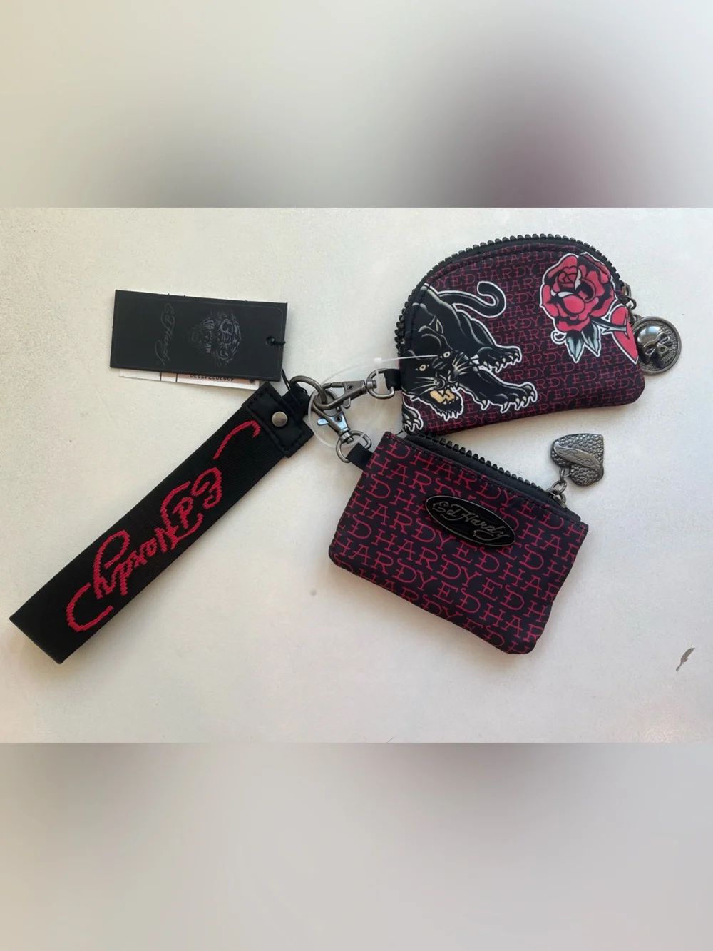 Ed Hardy Black and Red Wristlet Keychain Card/Coin Pouch Set